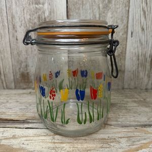 VINTAGE ARC FRANCE NIVEAU DE REMPLISSAGE 3/4 L FLORAL TULIP GLASS CANISTER
